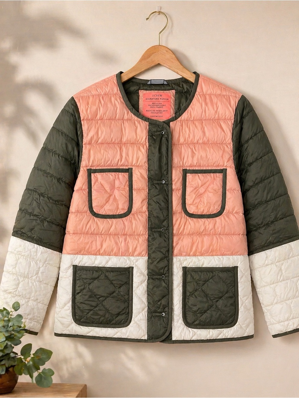 J. Crew Pink, Olive & Cream Quilted Snap-Front Jacket